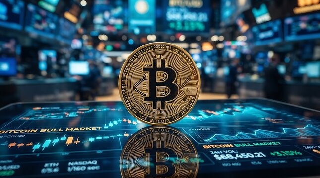 Gold cryptocurrency coin on digital trading screen in stock exchange