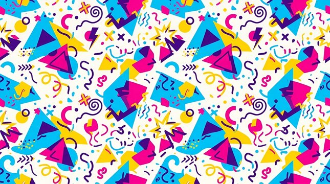 Vibrant Memphis style seamless pattern with colorful geometric shapes and abstract 90s doodles