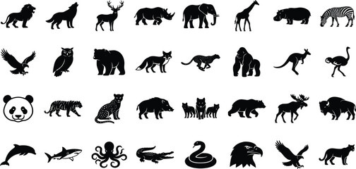 Fototapeta premium Wild Animal and Zoo Wildlife Silhouette Icon Set Featuring Safari Creatures and Marine Species for Nature Graphic Designs, Websites, and Educational Projects
