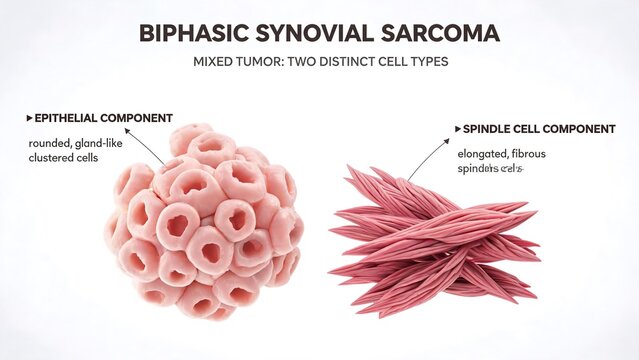 Labeled split 3D medical illustration of biphasic synovial sarcoma separate tumor cell components, gland-like epithelial cell cluster and elongated fibrous spindle cell mass on plain white background 