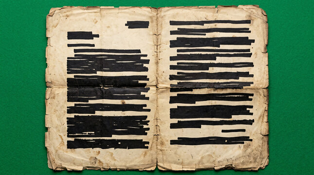 A weathered, aged document, its text heavily redacted with thick black ink, lies open on a vibrant green surface, hinting at secrets and censored information.
