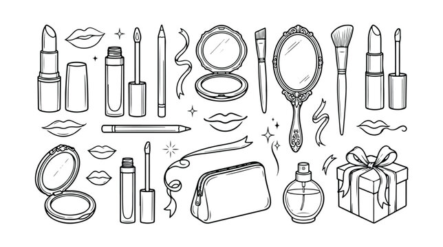 Hand drawn makeup icons set, black and white beauty cosmetics vector illustrations, feminine skincare and fashion accessories line art doodles