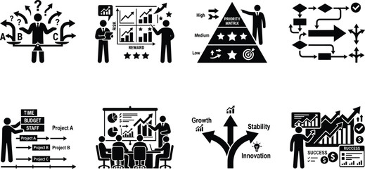 Fototapeta premium Strategic decision making and business project management icon set with risk reward matrix and process flowchart symbols