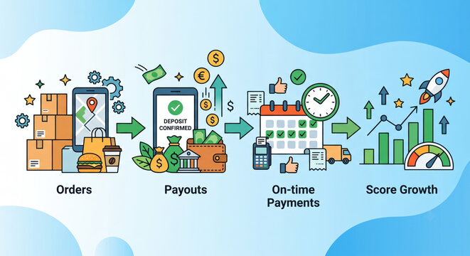 Orders&rarr;payouts&rarr;app revenue; creator economy credit using alternative data, open banking, fair pricing bands.