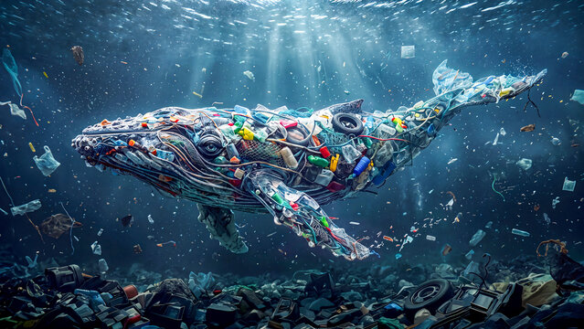 A humpback whale of marine plastic debris in a polluted ocean