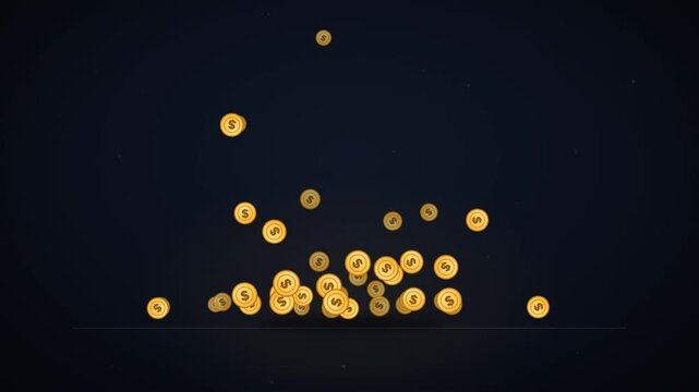 Gold dollar coins raining down and stacking into a pile animation with money and wealth