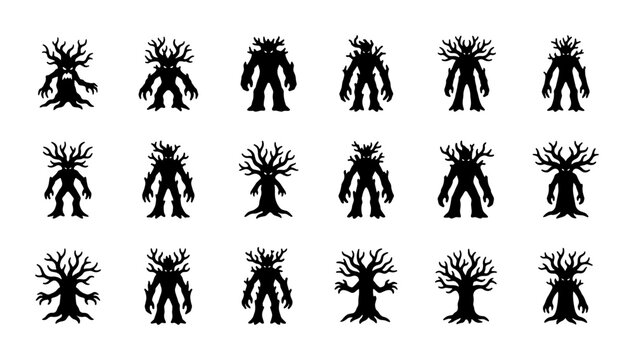 Set of 15 Tree Monster Vector Icons, Fantasy Forest Guardian Silhouettes, Nature Spirit Characters, Mythical Creature Graphics for Game Design and Eco-Themed Projects