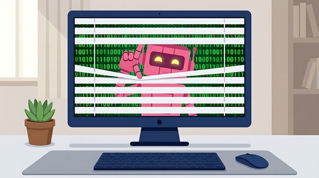 Red robot peeking through virtual blinds on a desktop computer screen