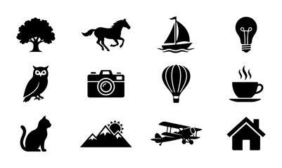 Vector Icon Set: Silhouette Graphics of Nature, Transport, Technology, and Lifestyle Elements, 12 Icons © Orpa