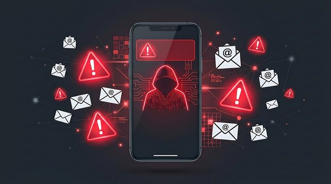 Smartphone cyber attack with hacker silhouette and warning alerts
