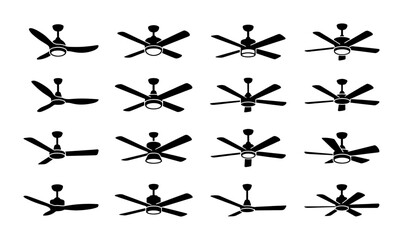 Fototapeta premium Modern Ceiling Fan Icons Set, Contemporary Air Circulation Devices, Sleek Ventilation Equipment, 16 Vector Elements for Home and Office Design