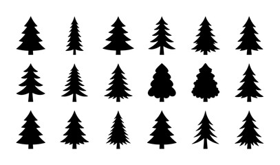 Obraz premium Diverse Fir Tree Silhouettes Vector Set, Evergreen Conifer Icons for Winter Holidays, Nature and Forest Graphics