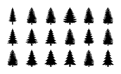 Fototapeta premium Set of 15 Black Silhouette Christmas Trees, Pine Conifer Forest Icons, Evergreen Woodland Vector Graphics for Winter Holiday Design