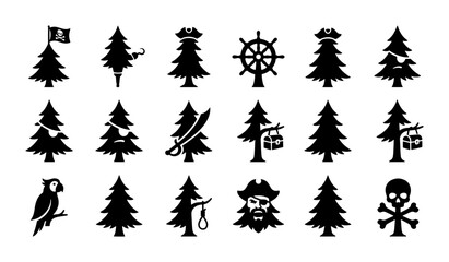 Fototapeta premium Pirate Christmas Tree Icons, Nautical Holiday Vector Set, Black Silhouette Symbols for Festive Adventure and Maritime Themes