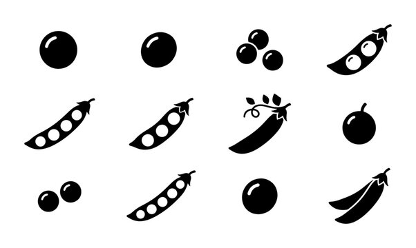 Pea Pod Icons, Single Peas, and Pea Clusters Vector Set: Fresh Organic Food Graphics for Healthy Eating and Agriculture Concepts