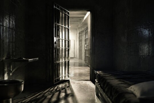 Open prison cell door with light streaming into the dark interior.