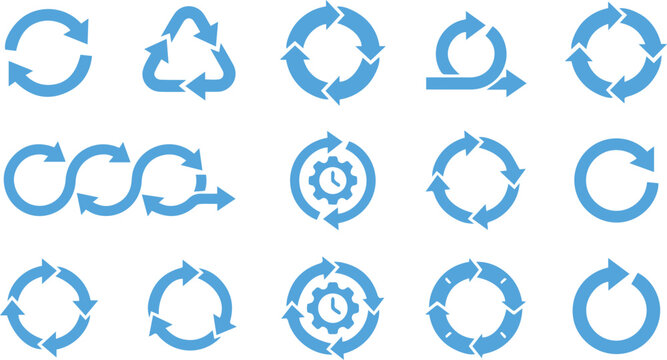 Collection of blue circular cycle and icons representing recycling reload and continuous process with circular rotation continuous movement infinity connection directional business management