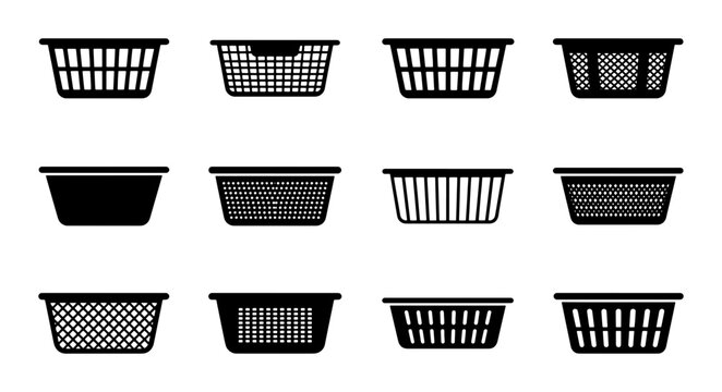 Set of 12 Black Plastic Laundry Baskets, Various Designs, Vector Icons for Home Organization and Storage Solutions