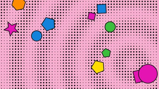 A vibrant pop art style background featuring a pink halftone pattern with various colorful geometric shapes scattered across the frame.