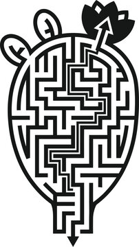 Clean geometric labyrinth maze puzzle shaped like perfect cactus pad with solid arrow cutting from base top bloom Mexico Independence Day icon
