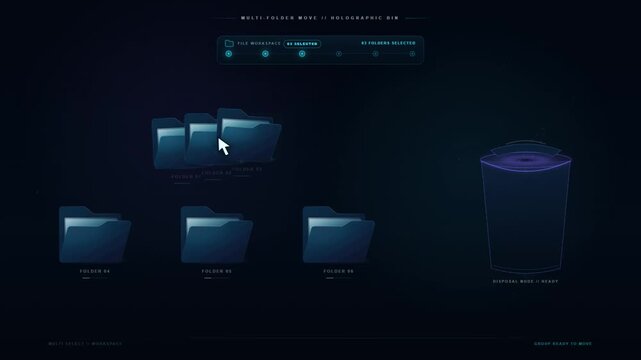 File manager multi folder select and move to trash bin animation for bulk delete action