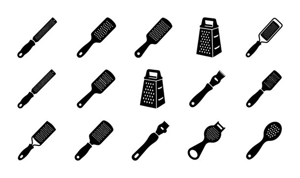 Kitchen Grater Collection, Zester, Microplane, Cheese Shredder Icons, Culinary Tools Set, Food Preparation Vector Graphics