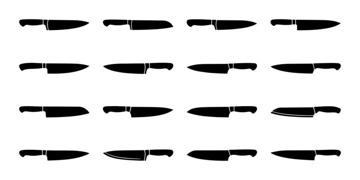 Collection of Chef Knives, Kitchen Utensils, Culinary Tools, and Cooking Equipment Icons. Set of 16 Black Vector Illustrations for Food Preparation and Gastronomy.