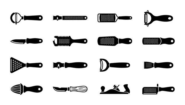 Kitchen Gadgets and Tools Vector Set: Peeler, Grater, Zester, Knife, Planer, Citrus Juicer Icons for Food Preparation and Culinary Design