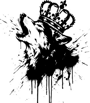 Howling wolf with a royal crown black and white stencil art