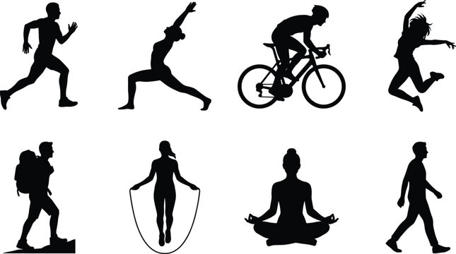 Set of fitness silhouettes showing active people running cycling jumping doing yoga and hiking isolated on white background