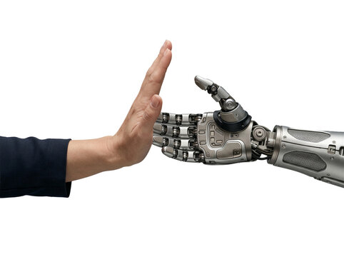 Human hand makes a stop gesture toward an advanced robotic limb in a symbolic confrontation of technology and humanity.