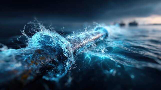 Undersea fiber optic cable illuminated with electric blue light. ..Created with Generative AI, not depicting real subjects.