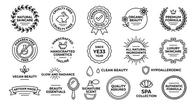 Natural skincare badges and organic beauty labels, 20 cosmetic line icons for product packaging, minimalist clean beauty vector stamps