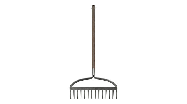 Metal garden rake with a long wooden handle is isolated on a plain light grey background for landscaping and gardening use.