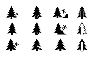 Obraz premium Skateboarding Tree Icons Set, Winter Sports Vector Graphics, Extreme Activity Symbols, Black and White Silhouette Collection