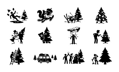 Fototapeta premium Winter Holiday Scenes, Christmas Tree Decorating, Snow Activities, Festive Family Moments, Vector Icons Set