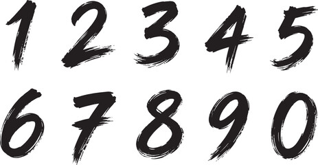 Hand drawn brush stroke numbers set with artistic grunge numeral typography collection from zero to nine isolated outline vector  © Maddy