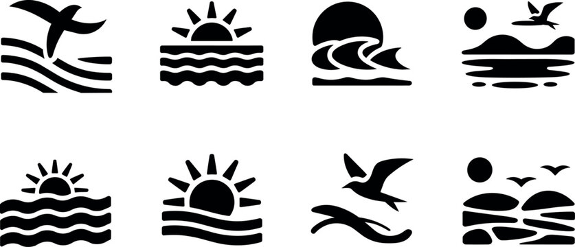 Ocean wave and sunset icon set, vector sea sun landscape symbols, beach resort travel logos