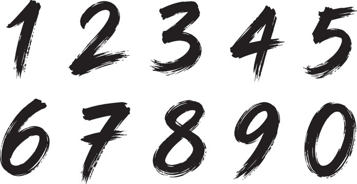Hand drawn brush stroke numbers set with artistic grunge numeral typography collection from zero to nine isolated outline vector 