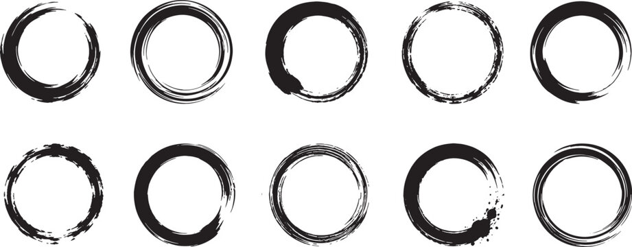 Hand Drawn Black Grunge Circle Brush Stroke Frames Set with Ink Ring Borders Round Paint Stamps and Artistic Zen Brush Elements for Logo Badge Label and Design