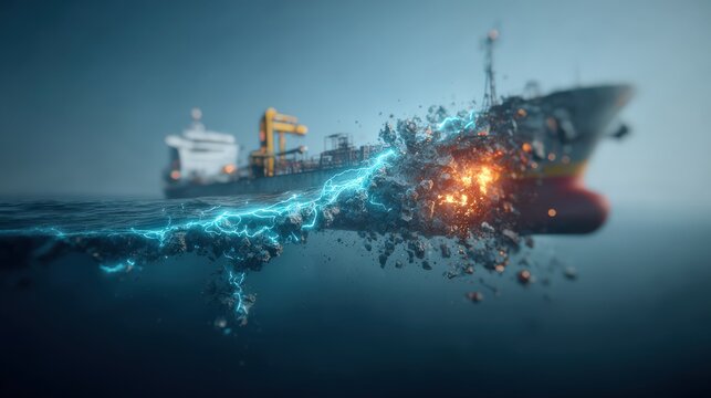 A massive cargo ship is dramatically destroyed in the ocean, with a violent explosion and debris flying. ..Created with Generative AI, not depicting real subjects.