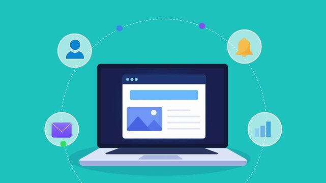 Animated flat vector motion graphic featuring an AI content dashboard on a laptop with email, user, analytics, and notification icons. Ideal for digital content management and artificial intelligence 