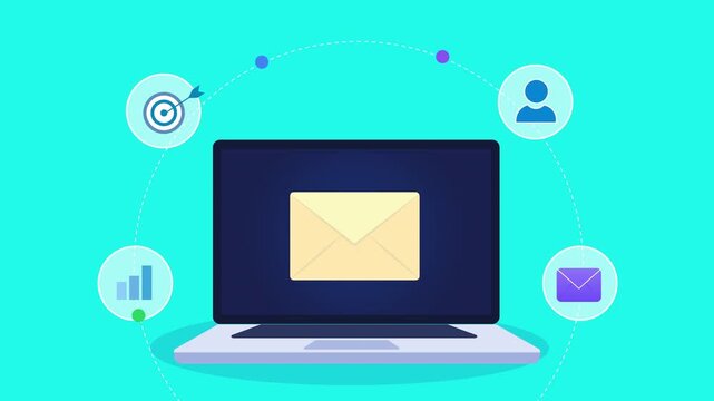 Animated flat vector motion graphic featuring an AI email dashboard on a laptop with messaging, analytics, user, and target icons. Ideal for digital communication and artificial intelligence concepts.