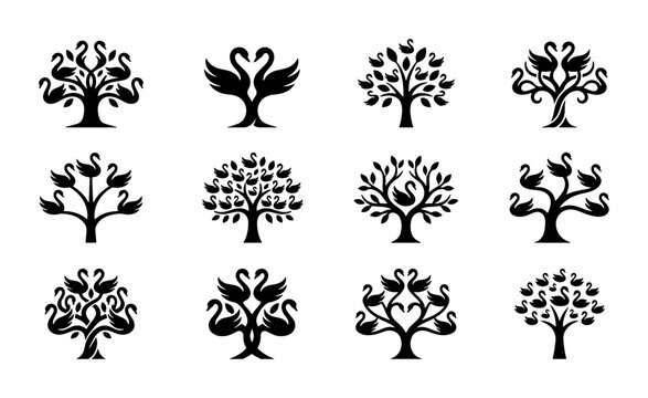 Elegant Swan Tree Icons Set, Black Silhouette Vector Graphics for Branding, Nature, and Family Concepts