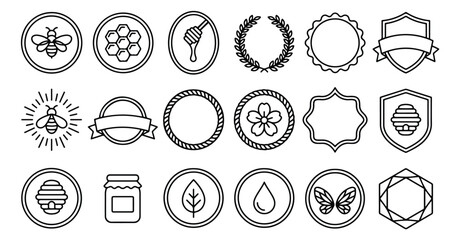 Minimalist honey bee line icons and organic product badges, 18 vector apiary branding elements, black and white honeycomb and beehive logo set © ali
