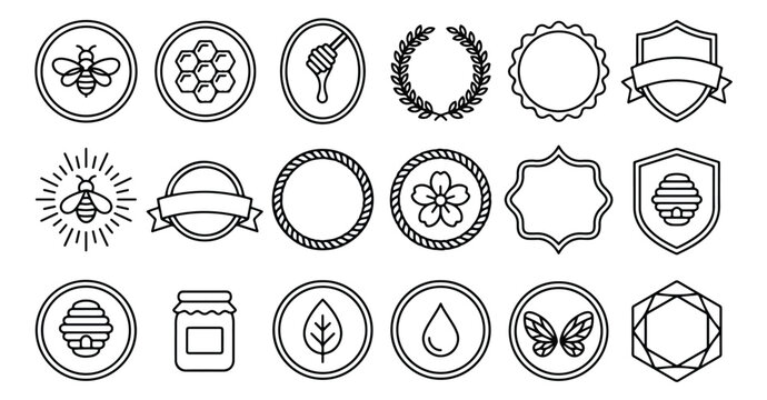 Minimalist honey bee line icons and organic product badges, 18 vector apiary branding elements, black and white honeycomb and beehive logo set