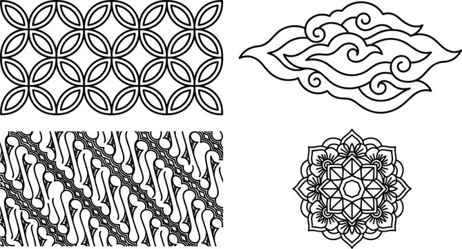 Traditional Indonesian Batik Pattern Element Set with Kawung Parang Megamendung Cloud and Floral Mandala Vector Line Art Illustration