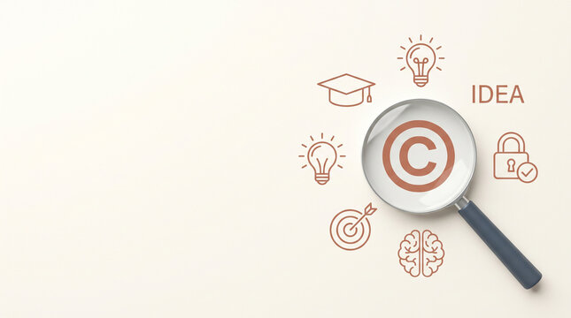 Copyright symbol under magnifying glass. Intellectual property protection and legal concept.