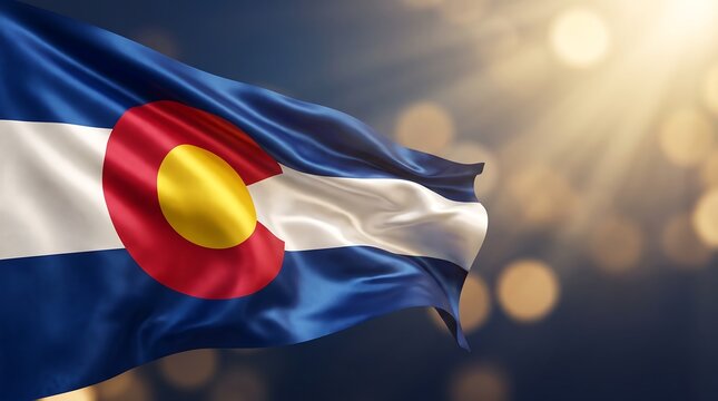 Close up view of the Colorado state flag rippling in the breeze against a golden bokeh background.