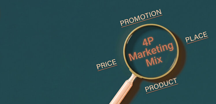 4P marketing mix concept with magnifying glass. Business strategy analysis and planning tool.